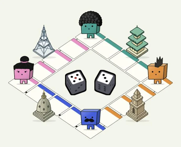 Four Tycoon Go characters standing around a small game board with two dice in the middle and landmarks on each corner.