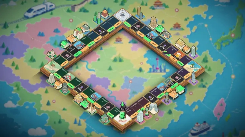 Isometric game board laid over a colorful map of China.