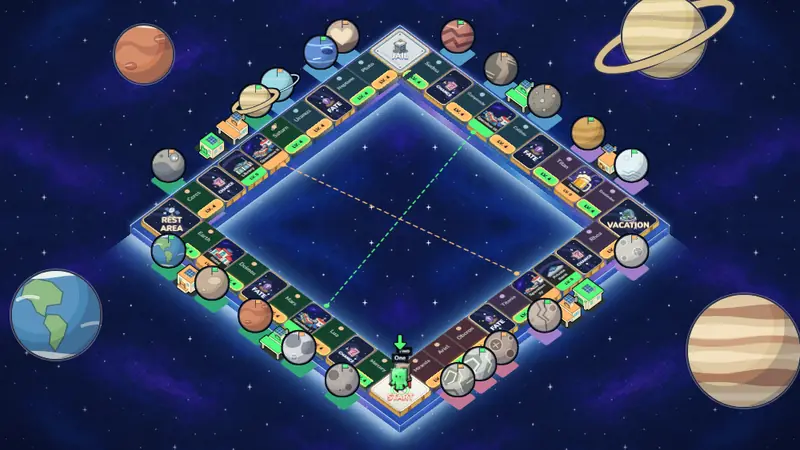 Isometric game board floating in outer space.