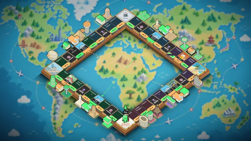 Isometric game board laid over a world map.
